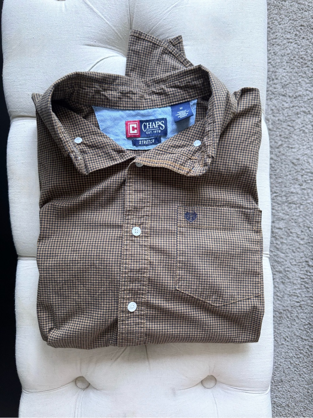 Chaps Stretch Brown Gingham Button Down Shirt Men’s Medium Cotton Long Sleeve